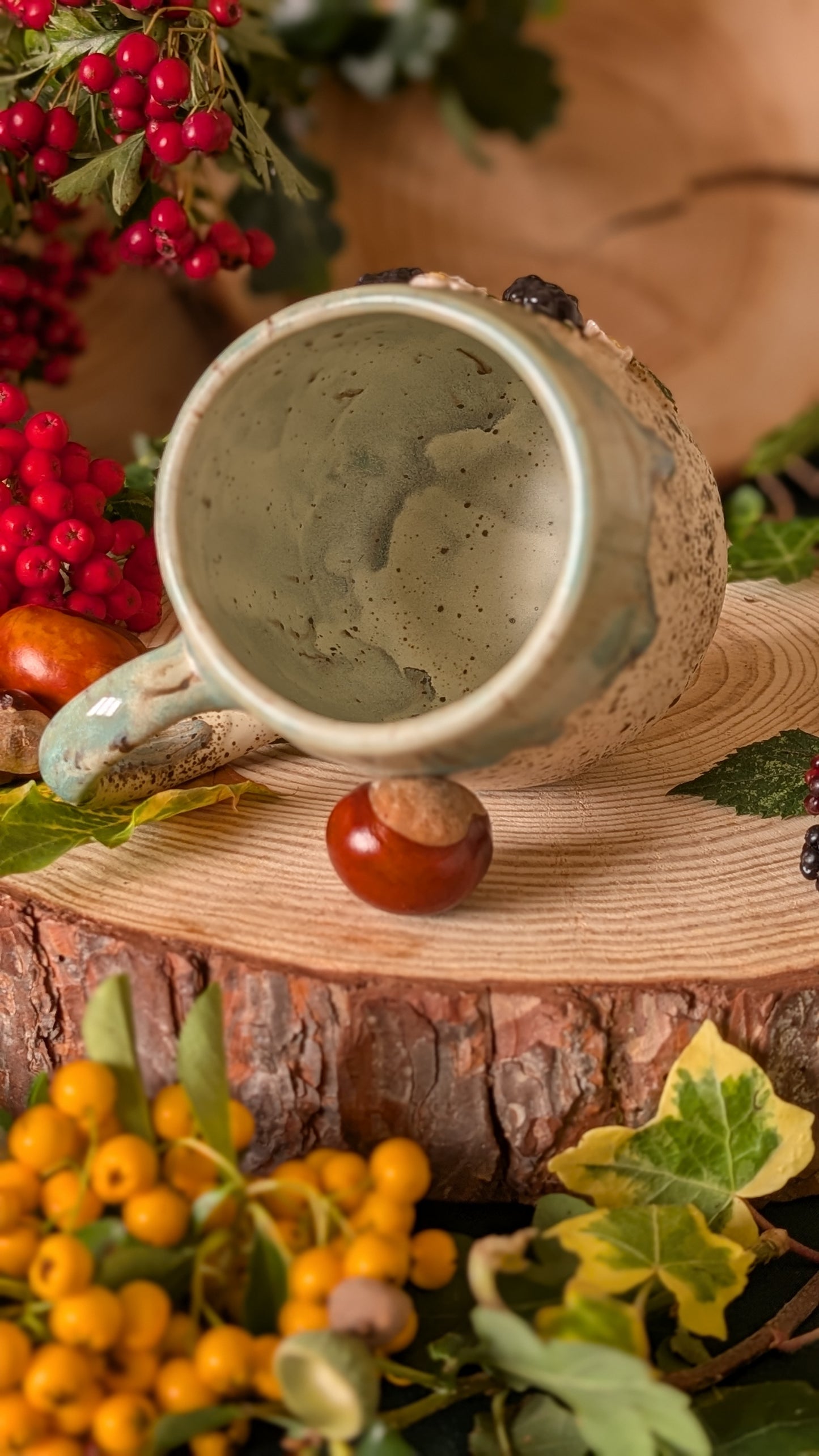 Mouse and Blackberry Mug – Handmade Unique Mug with Light Blue Drippy Glaze 1