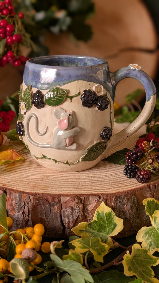 Mouse and Blackberry Mug – Handmade Unique Mug with Dark Blue Drippy Glaze 2