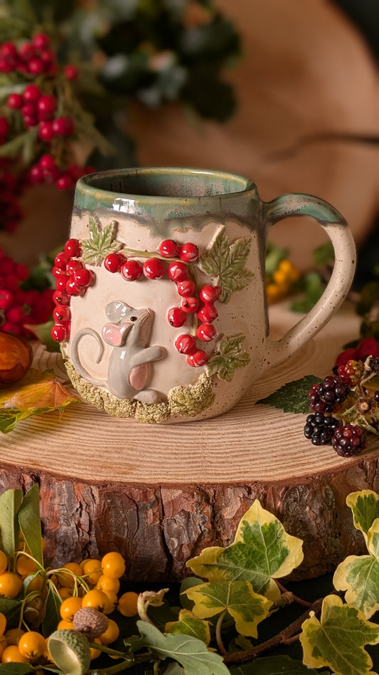 Mouse and Redcurrant Mug – Handmade Unique Mug with Drippy Green Glaze 11