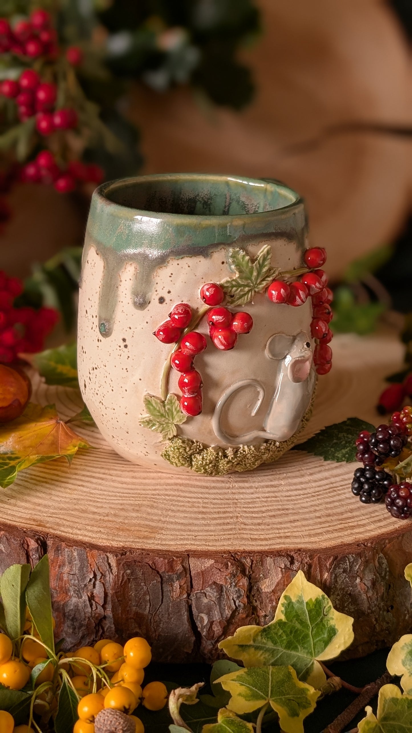 Mouse and Redcurrant Mug – Handmade Unique Mug with Drippy Green Glaze 11