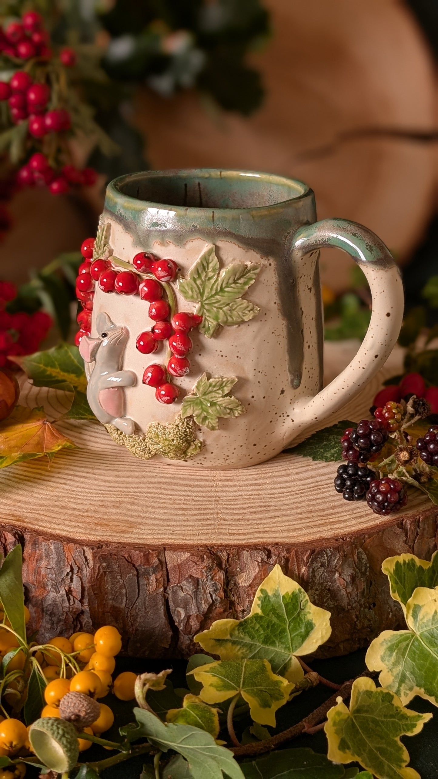 Mouse and Redcurrant Mug – Handmade Unique Mug with Drippy Green Glaze 11