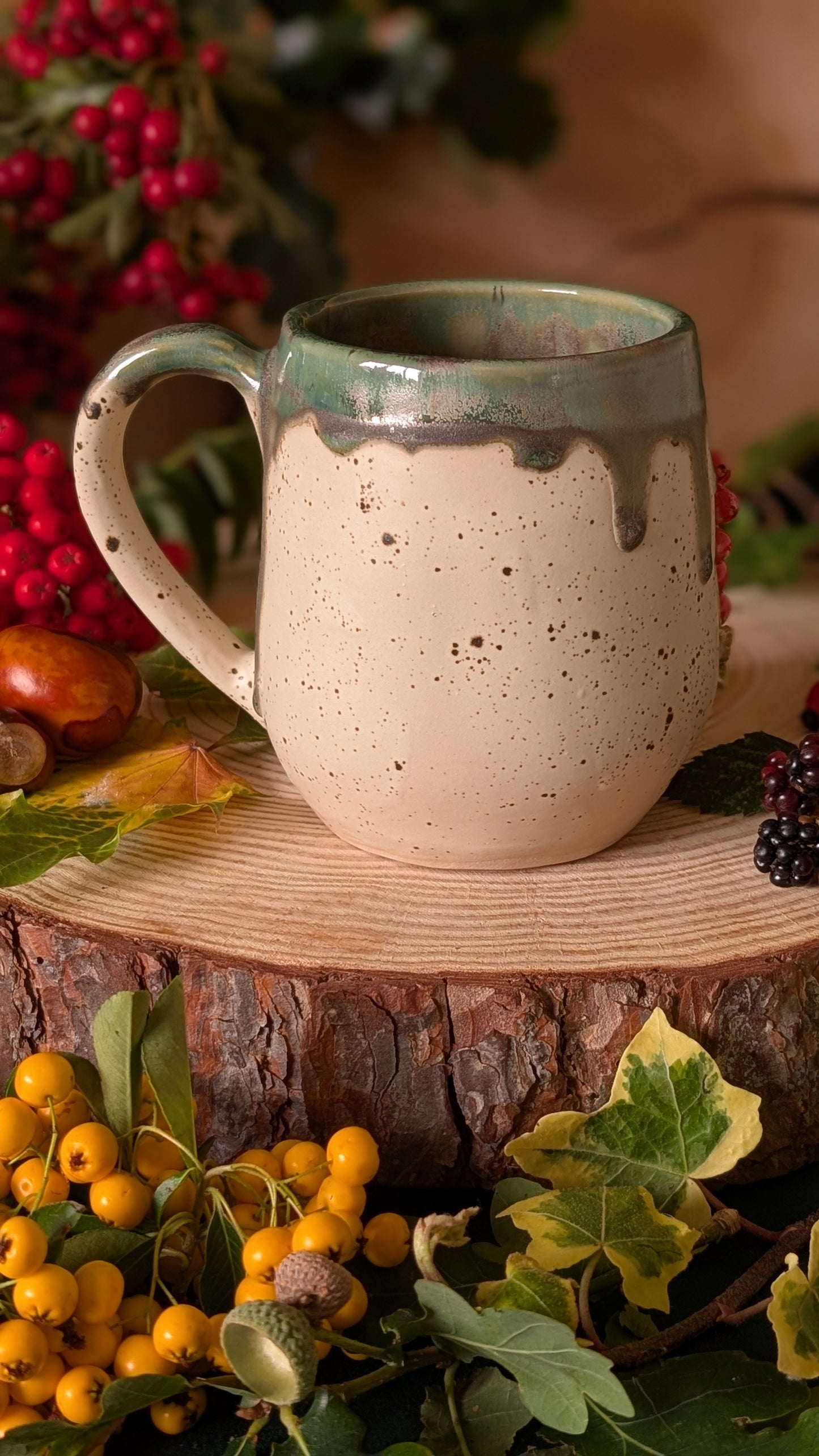 Mouse and Redcurrant Mug – Handmade Unique Mug with Drippy Green Glaze 11