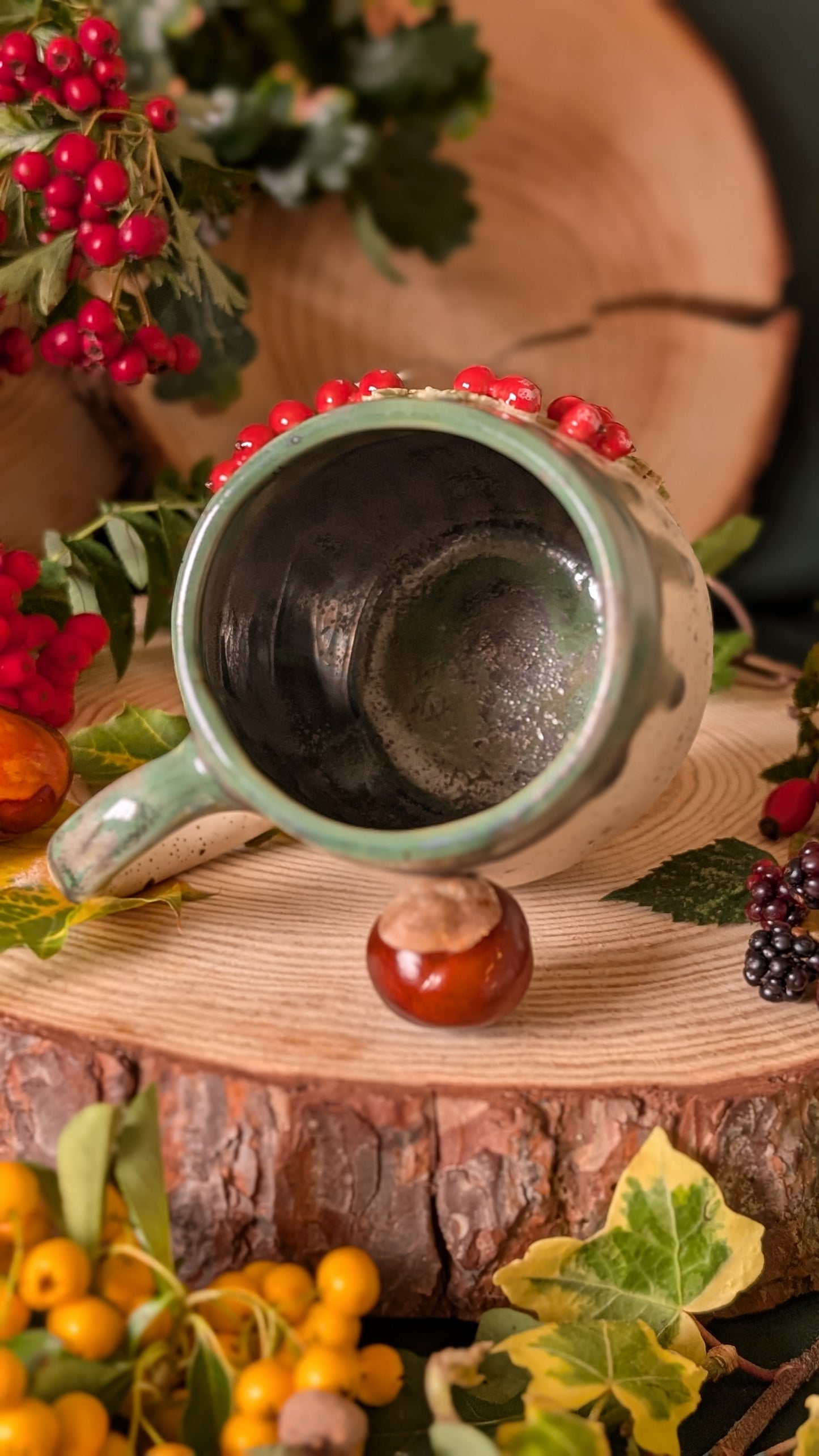 Mouse and Redcurrant Mug – Handmade Unique Mug with Drippy Green Glaze 11