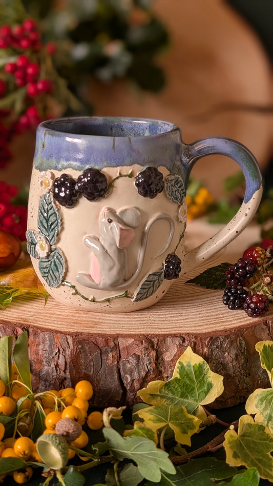 Mouse and Blackberry Mug – Handmade Unique Mug with Dark Blue Drippy Glaze 3