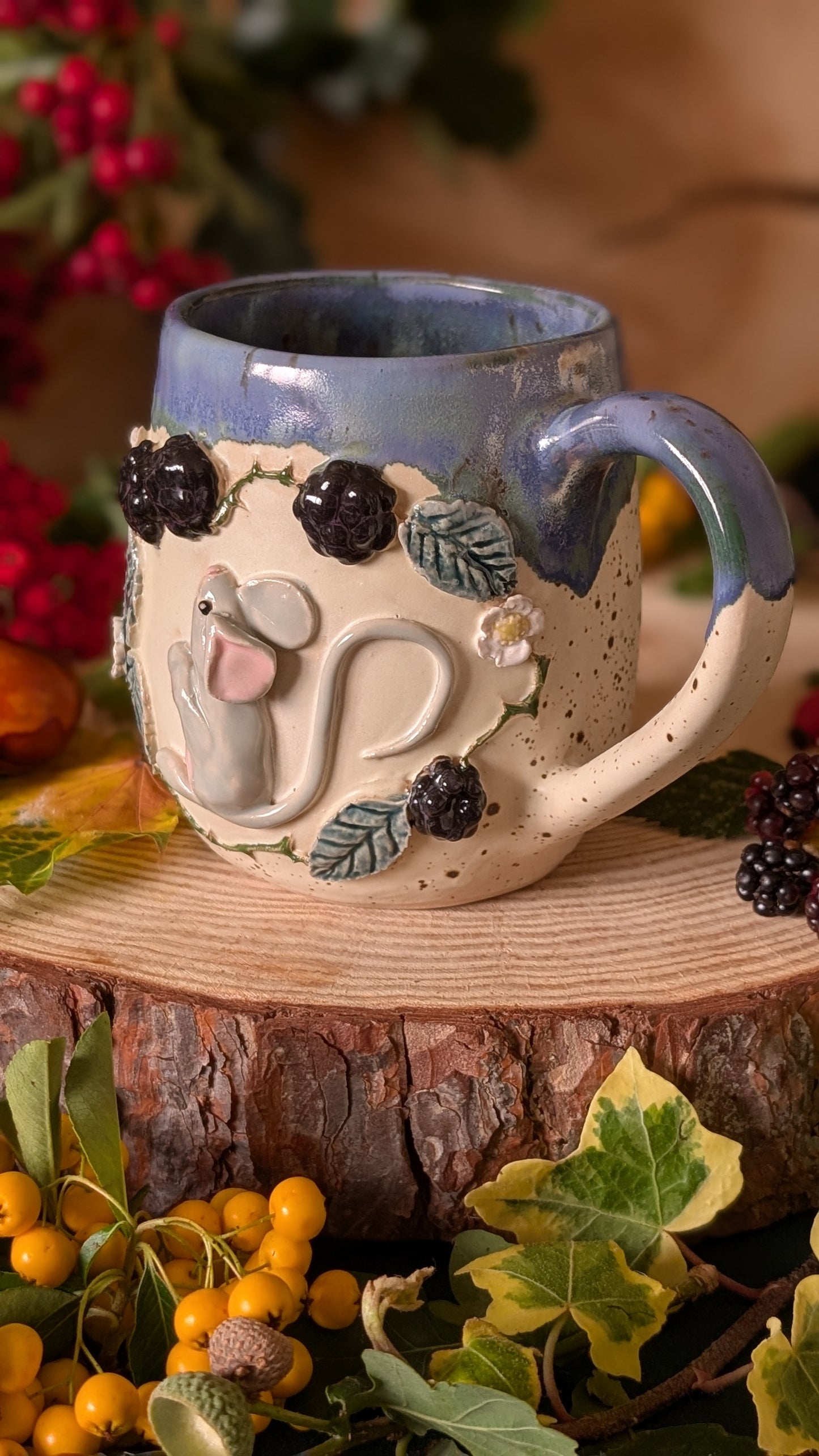 Mouse and Blackberry Mug – Handmade Unique Mug with Dark Blue Drippy Glaze 3
