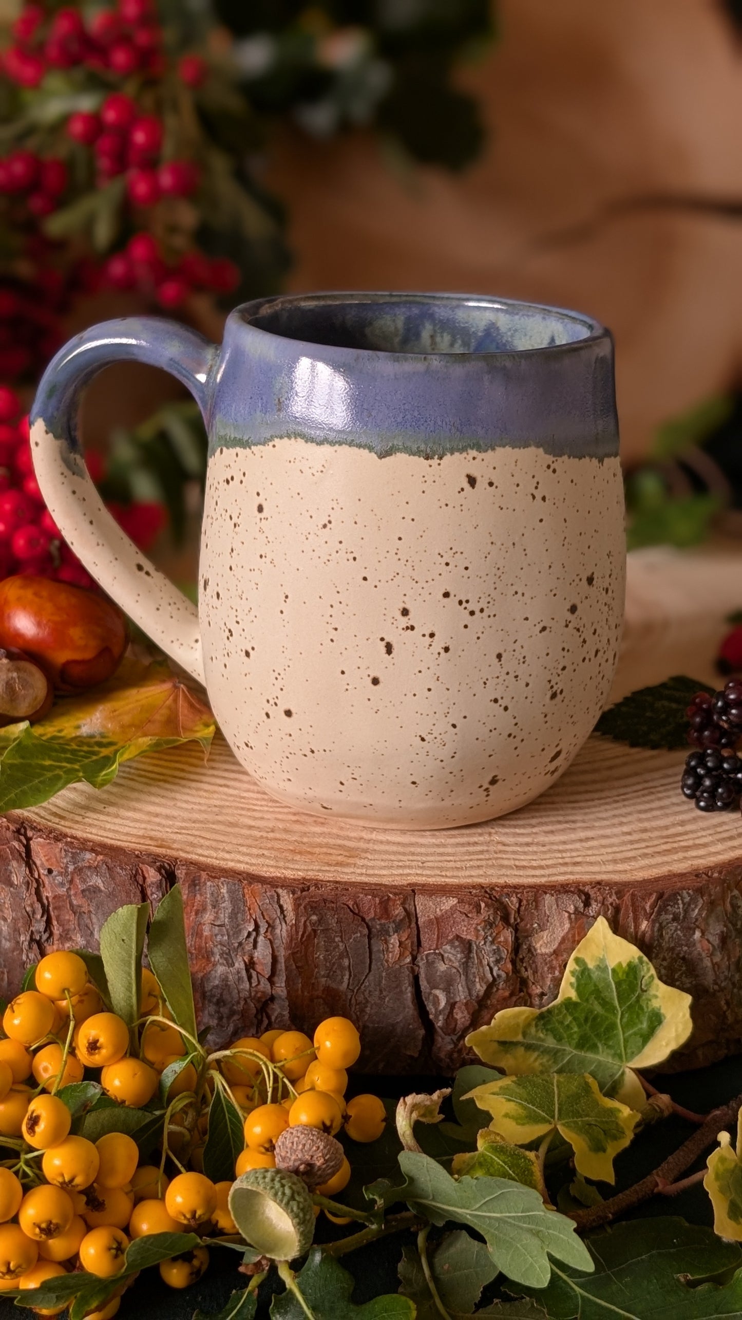 Mouse and Blackberry Mug – Handmade Unique Mug with Dark Blue Drippy Glaze 3