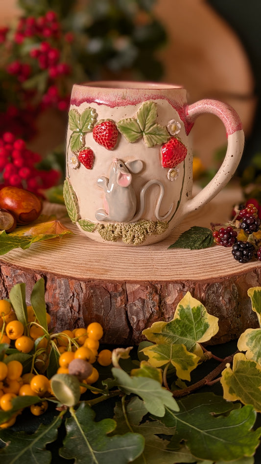 Mouse and Strawberry Mug – Handmade Unique Mug with Drippy Pink Glaze 9