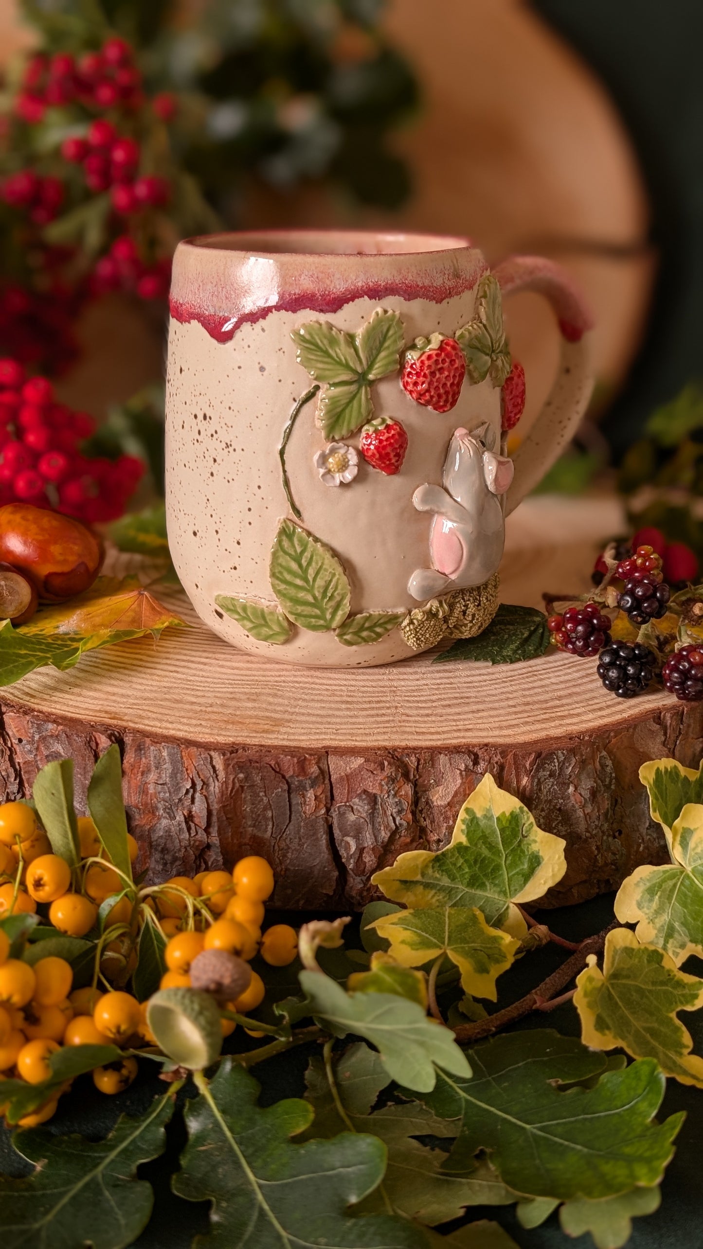 Mouse and Strawberry Mug – Handmade Unique Mug with Drippy Pink Glaze 9