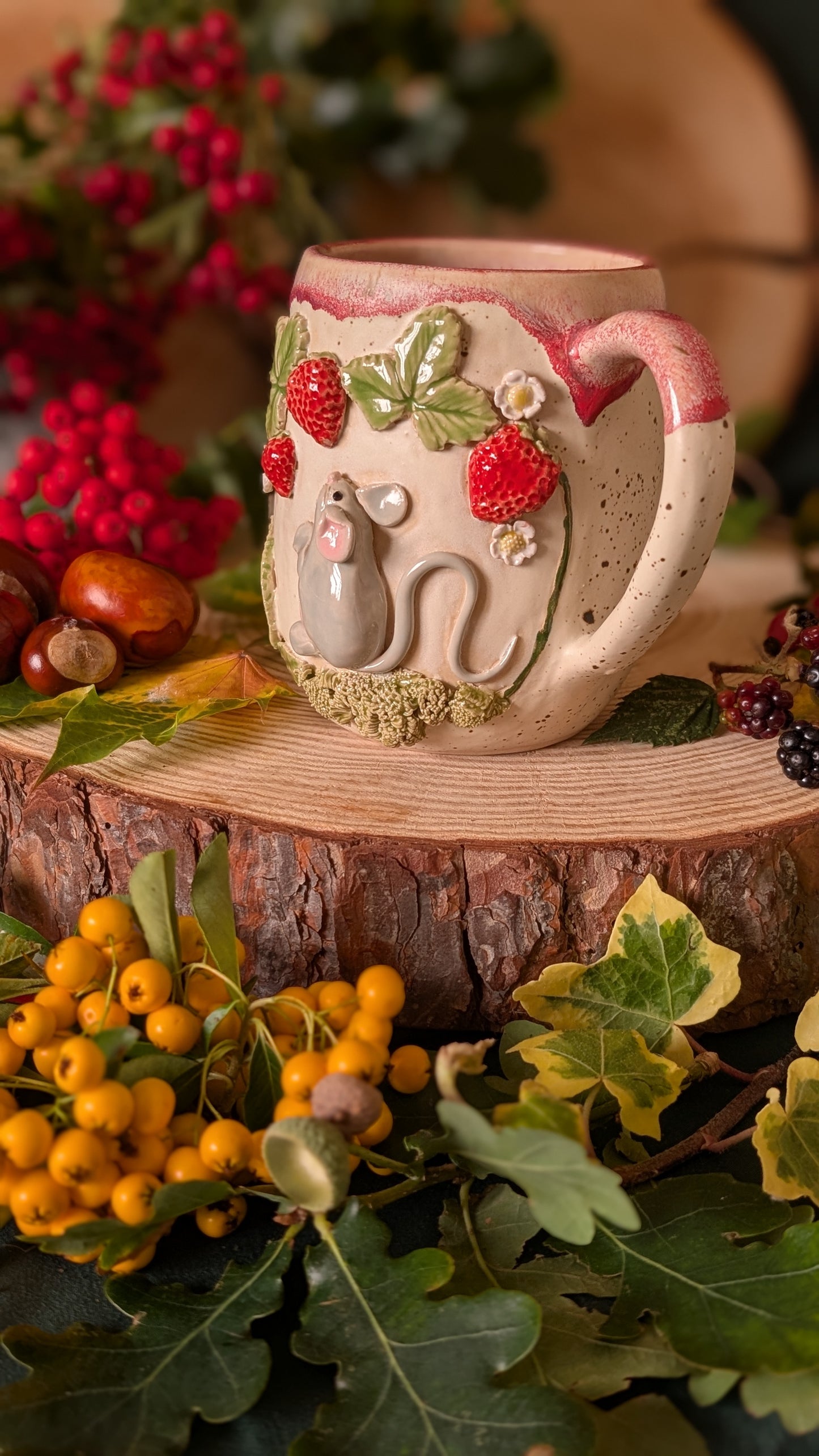 Mouse and Strawberry Mug – Handmade Unique Mug with Drippy Pink Glaze 9