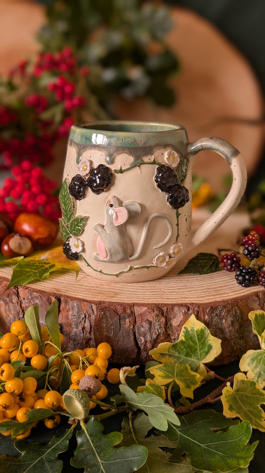 Mouse and Blackberry Mug – Handmade Unique Mug with Green Drippy Glaze 6