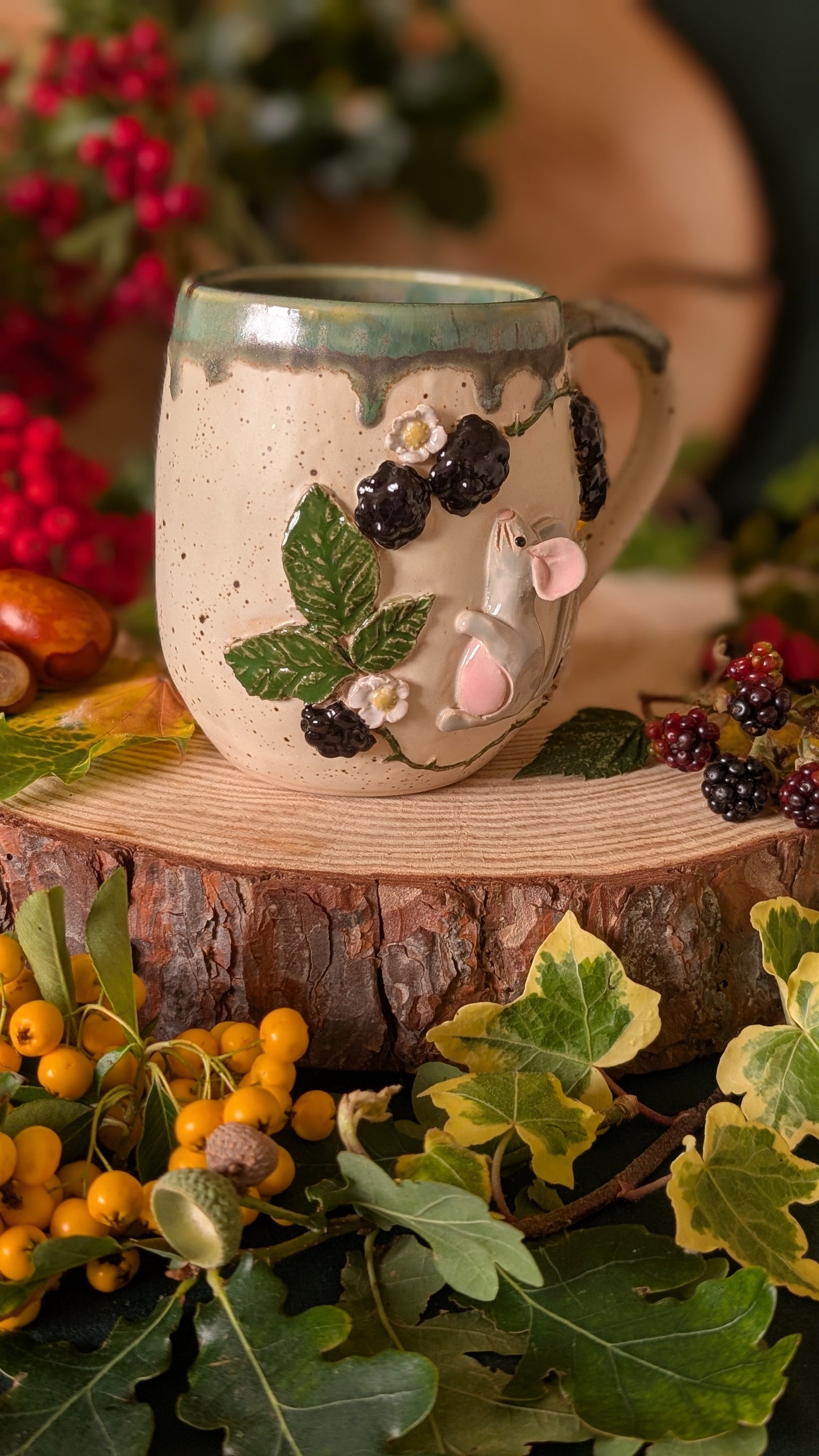Mouse and Blackberry Mug – Handmade Unique Mug with Green Drippy Glaze 6