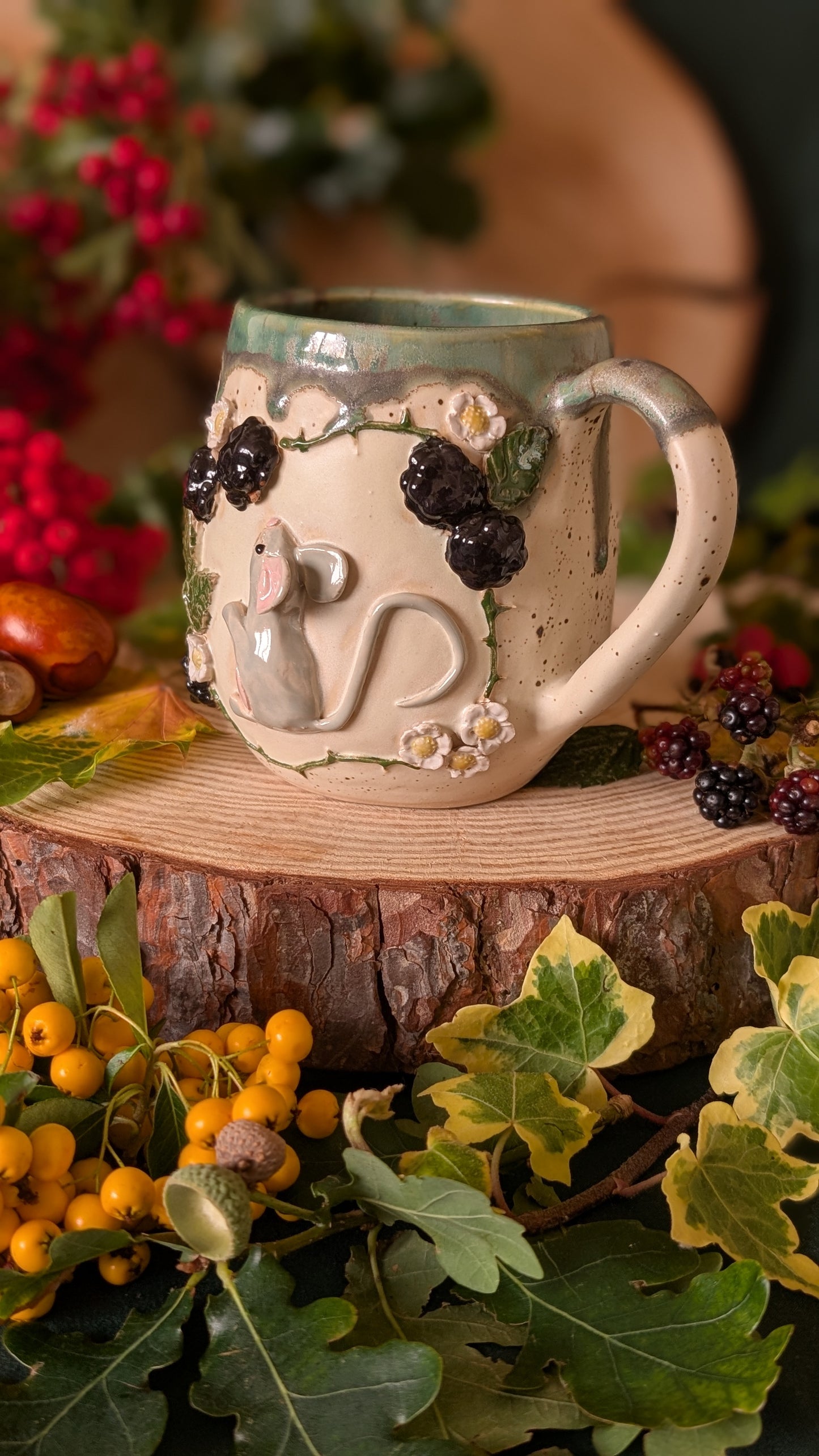 Mouse and Blackberry Mug – Handmade Unique Mug with Green Drippy Glaze 6