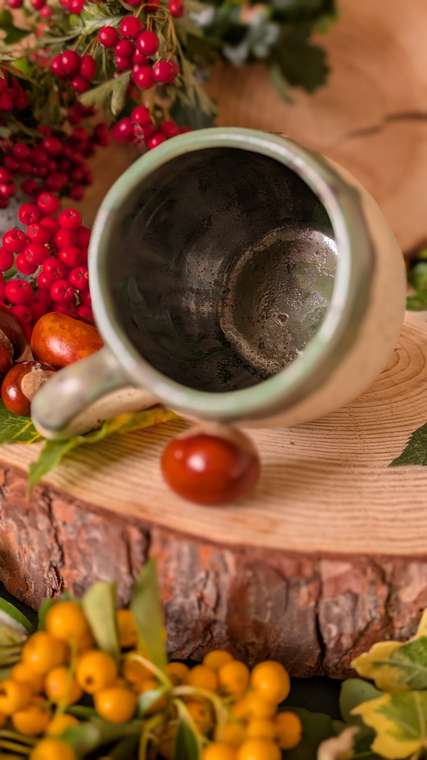 Mouse and Blackberry Mug – Handmade Unique Mug with Green Drippy Glaze 6