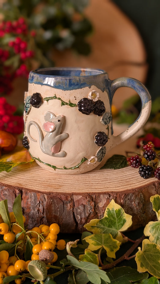 Mouse and Blackberry Mug – Handmade Unique Mug with Dark Blue Drippy Glaze 5
