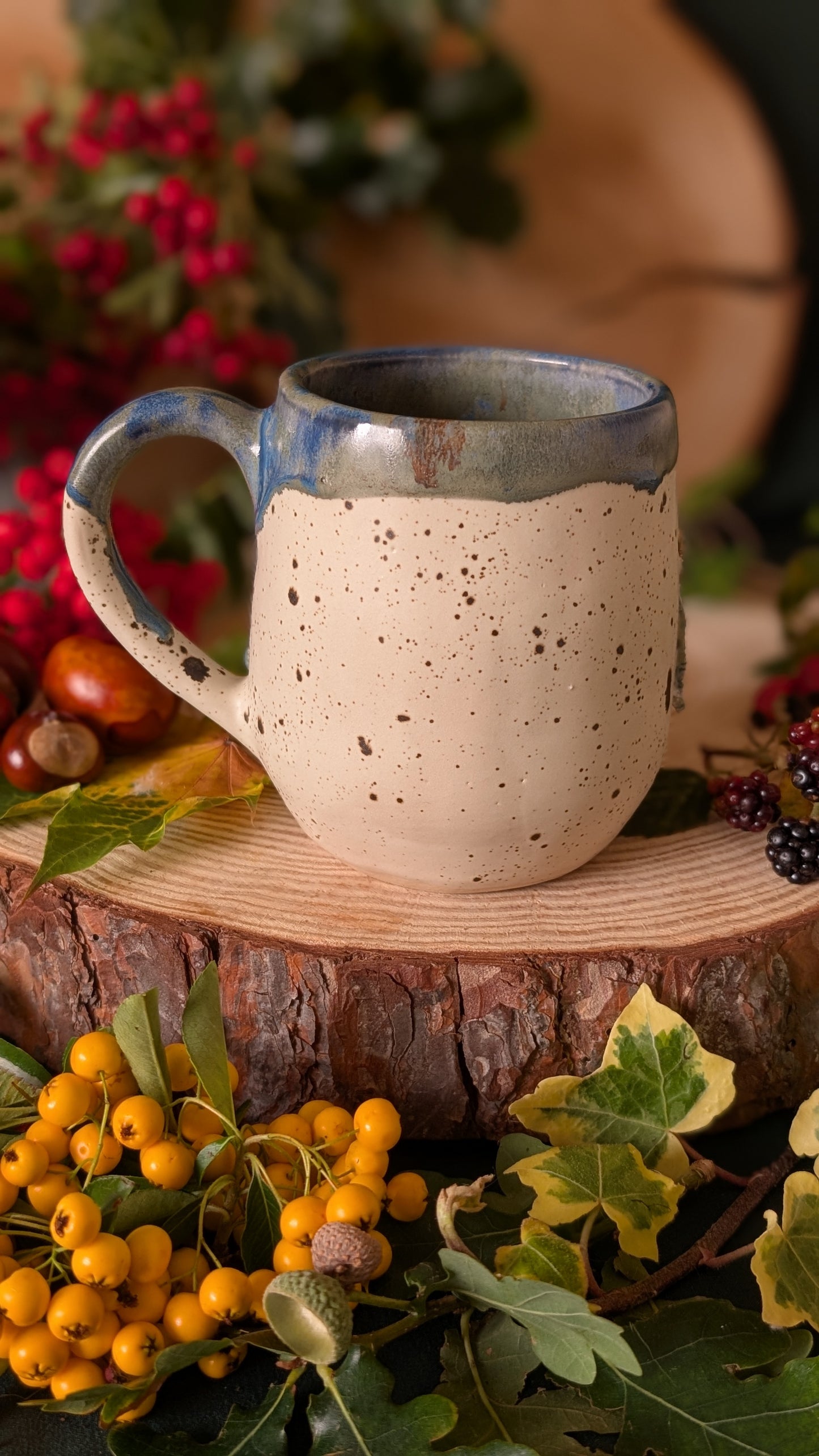 Mouse and Blackberry Mug – Handmade Unique Mug with Dark Blue Drippy Glaze 5