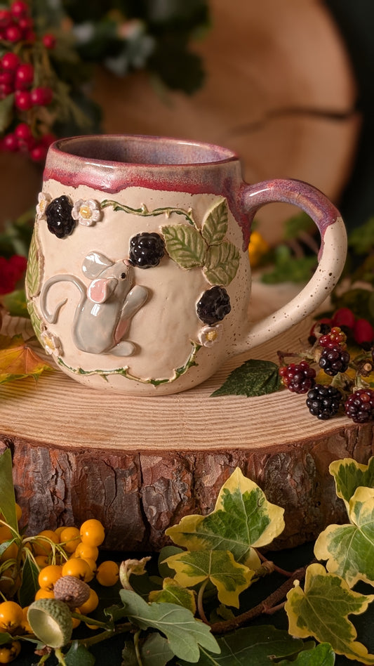Mouse and Blackberry Mug – Handmade Unique Mug with Purple Glaze 7