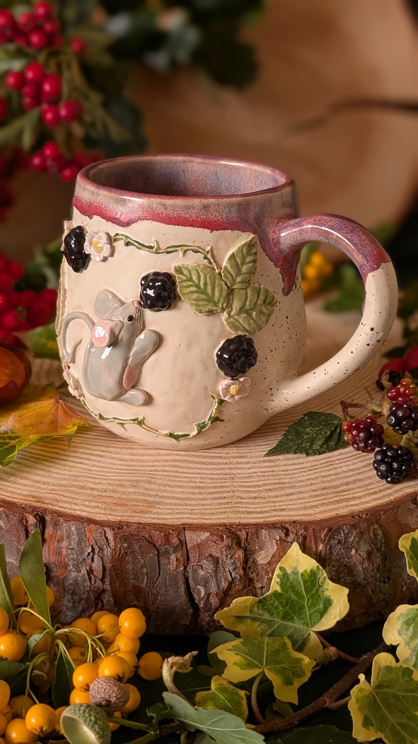 Mouse and Blackberry Mug – Handmade Unique Mug with Purple Glaze 7