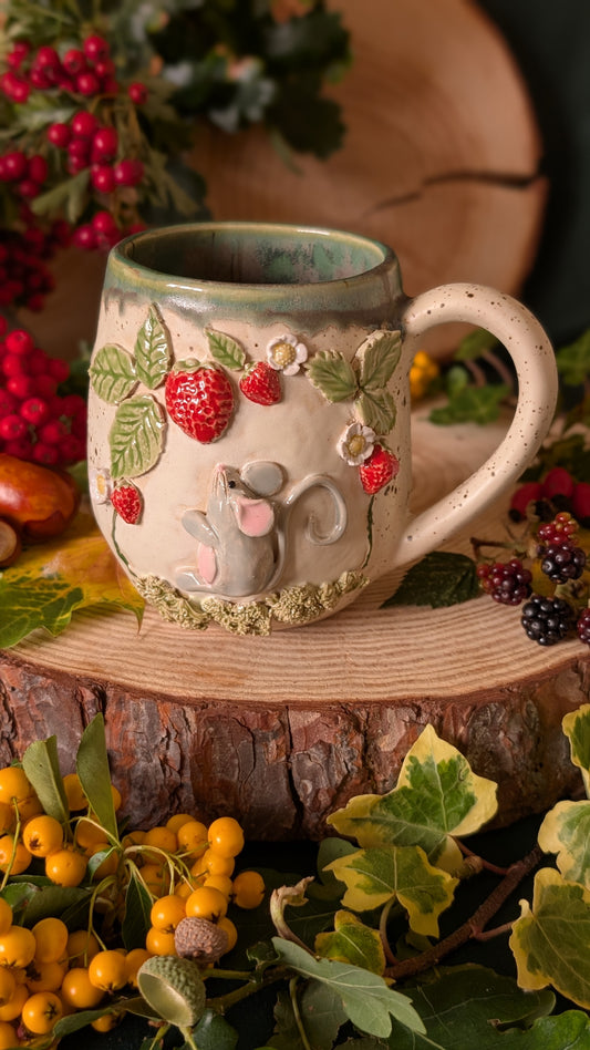 Mouse and Strawberry Mug – Handmade Unique Mug with Drippy Green Glaze 10