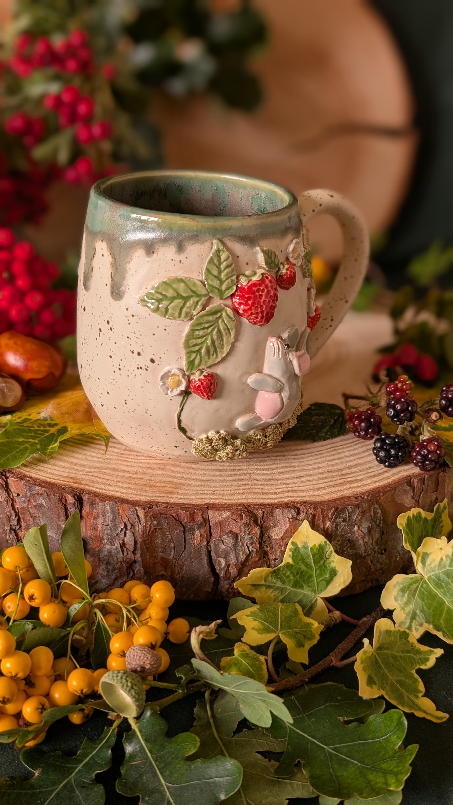 Mouse and Strawberry Mug – Handmade Unique Mug with Drippy Green Glaze 10