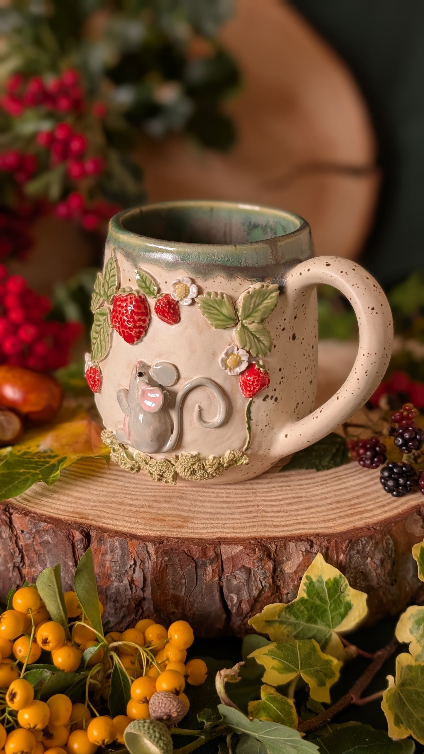 Mouse and Strawberry Mug – Handmade Unique Mug with Drippy Green Glaze 10