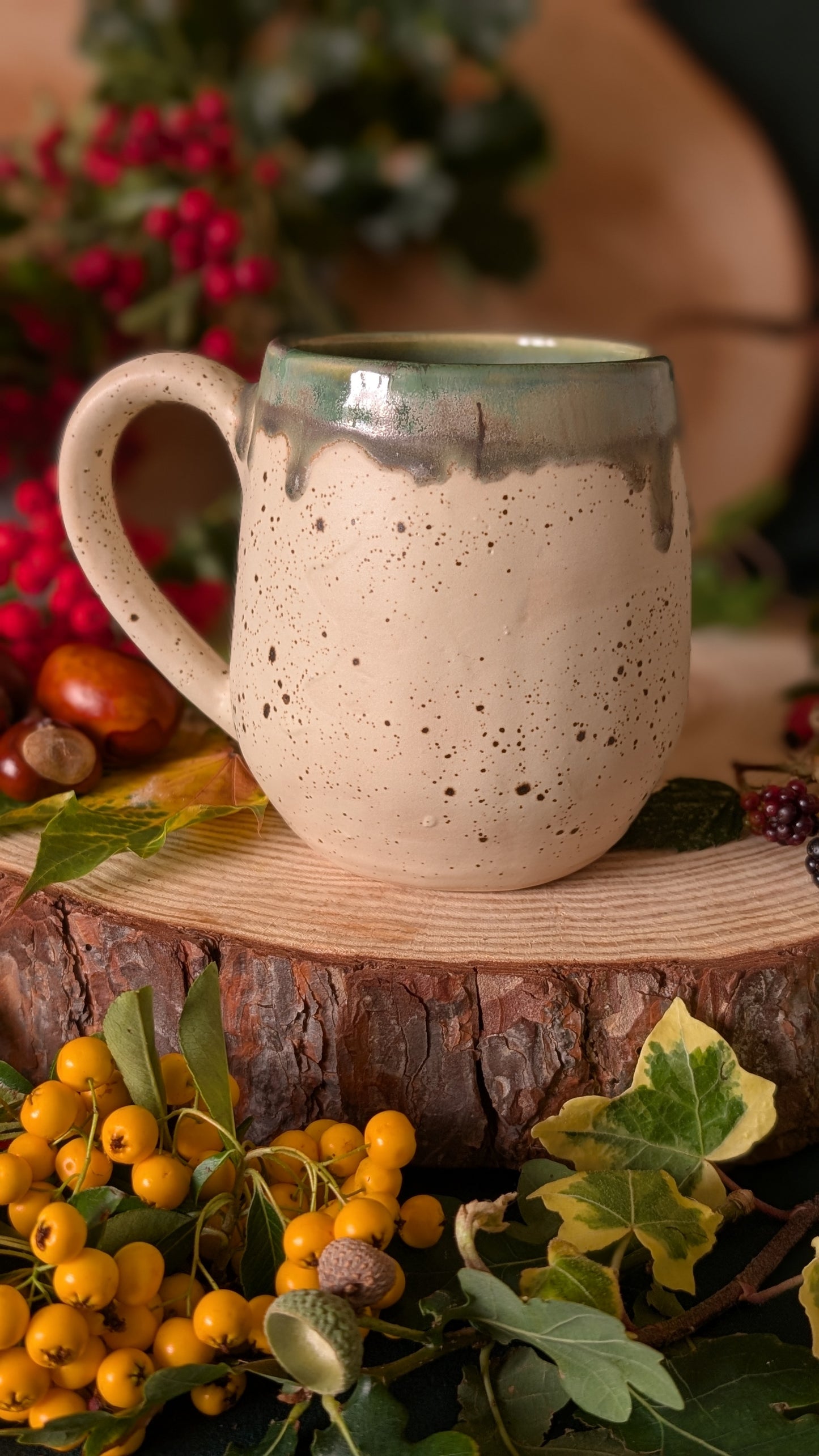 Mouse and Strawberry Mug – Handmade Unique Mug with Drippy Green Glaze 10