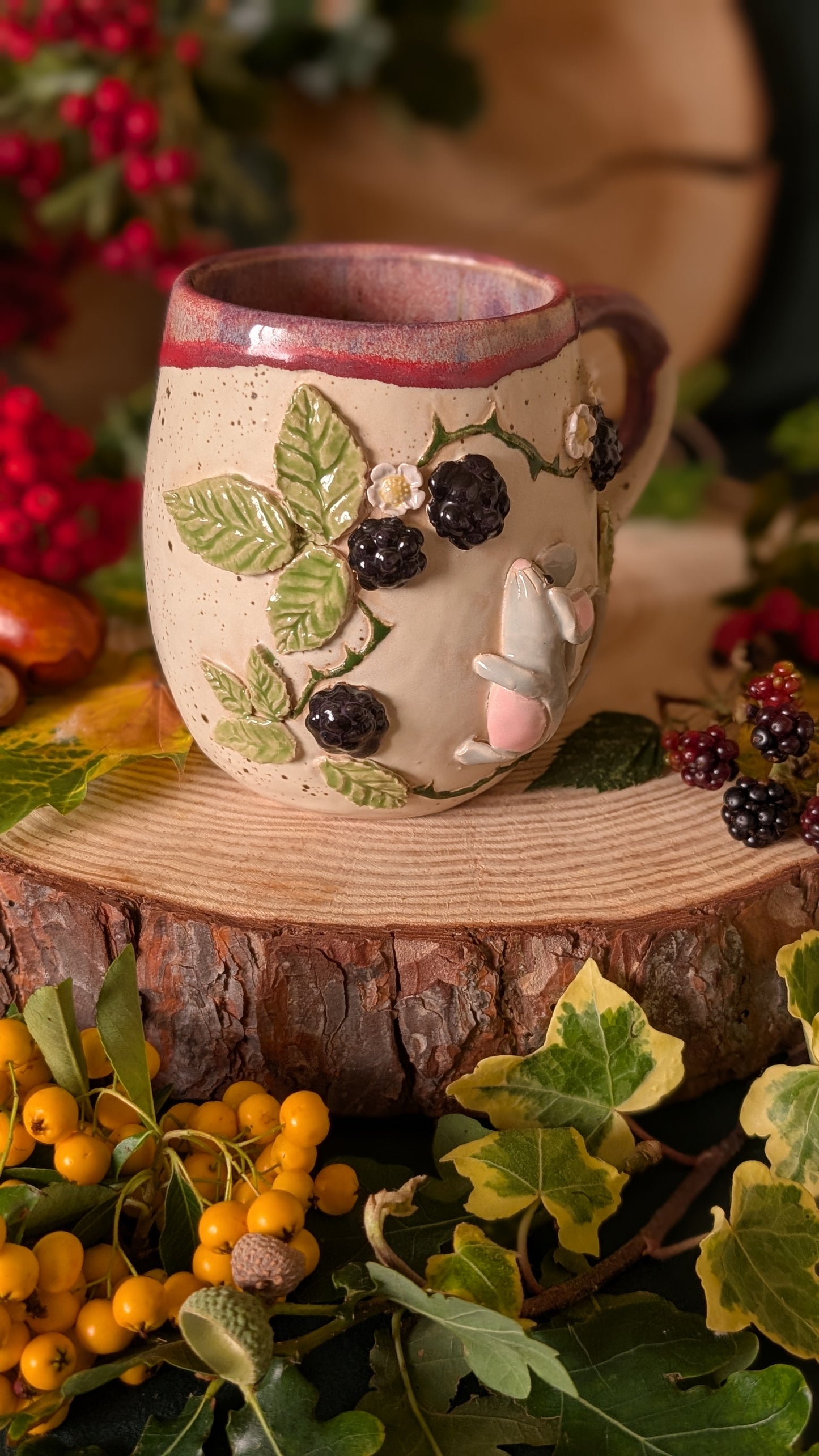 Mouse and Blackberry Mug – Handmade Unique Mug with Purple Glaze 8