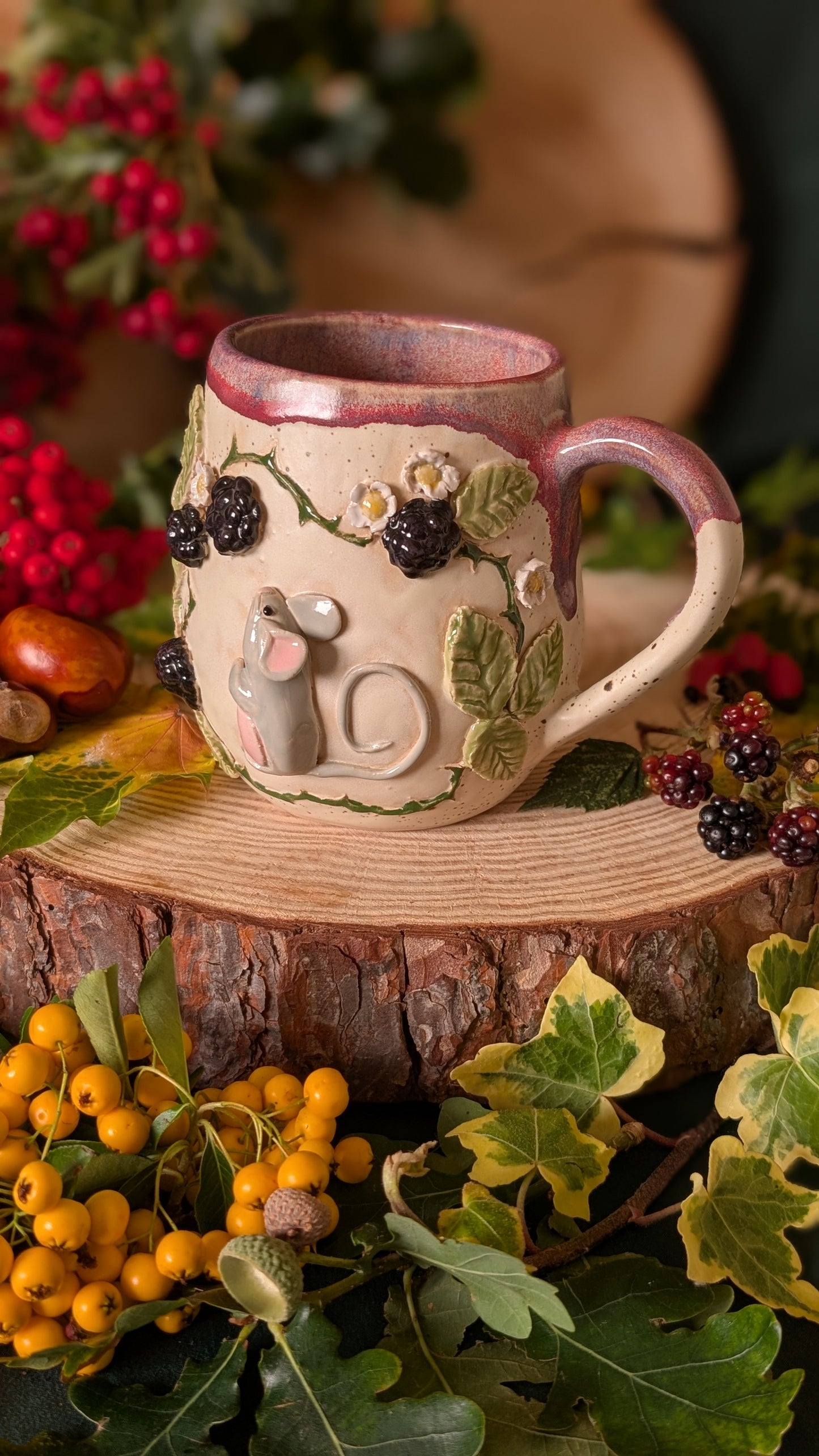 Mouse and Blackberry Mug – Handmade Unique Mug with Purple Glaze 8