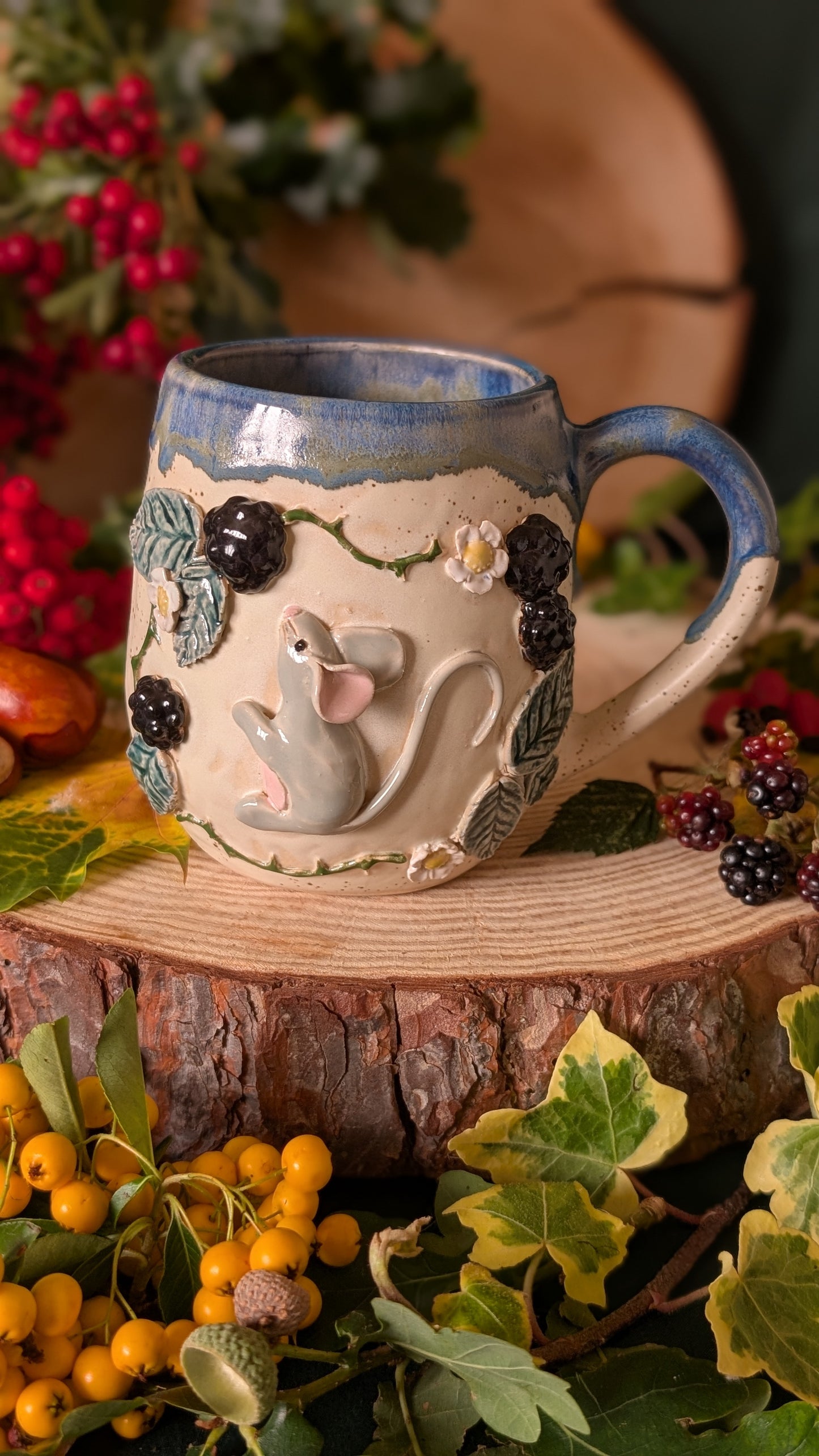 Mouse and Blackberry Mug – Handmade Unique Mug with Dark Blue Drippy Glaze 4