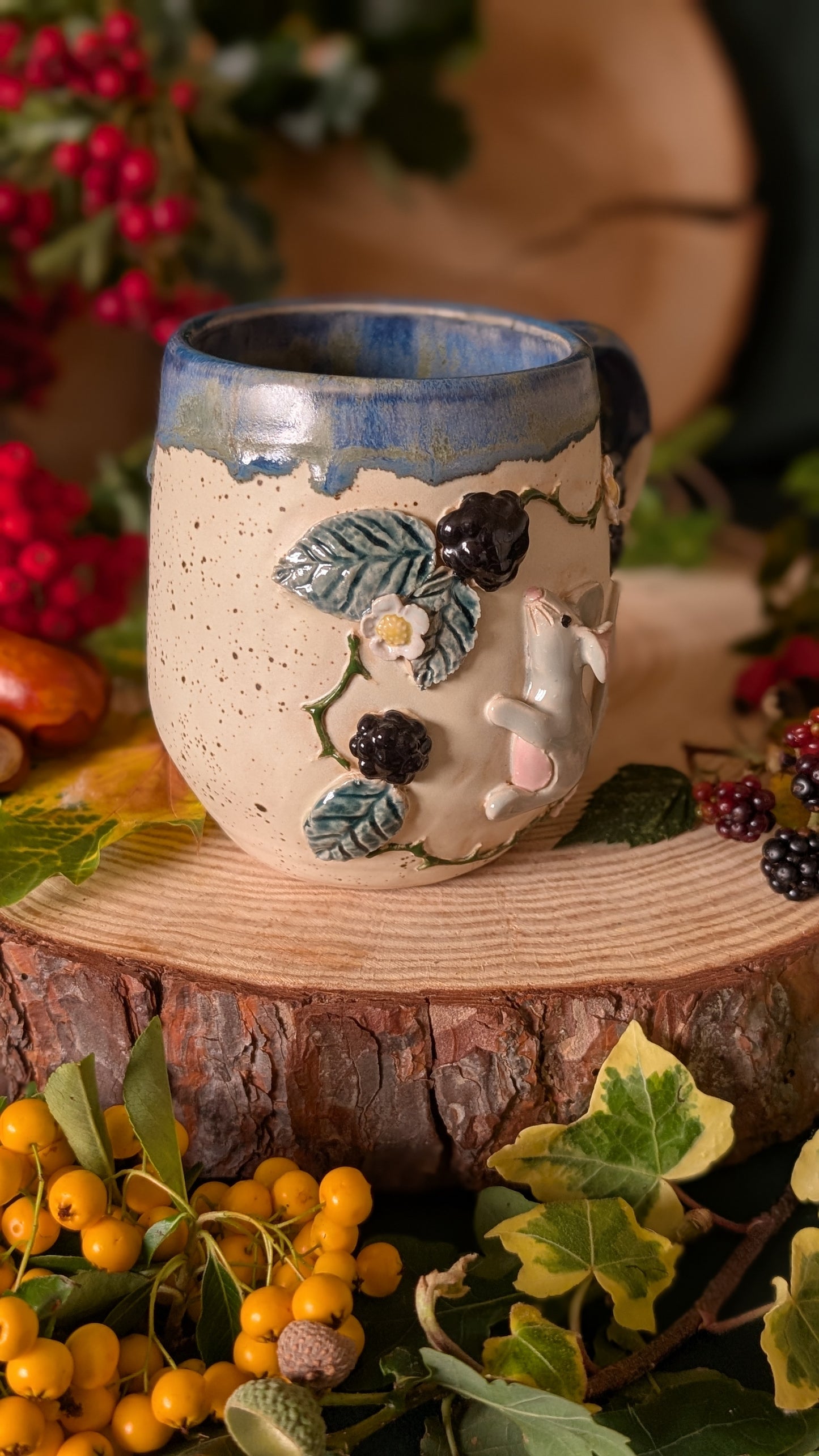Mouse and Blackberry Mug – Handmade Unique Mug with Dark Blue Drippy Glaze 4