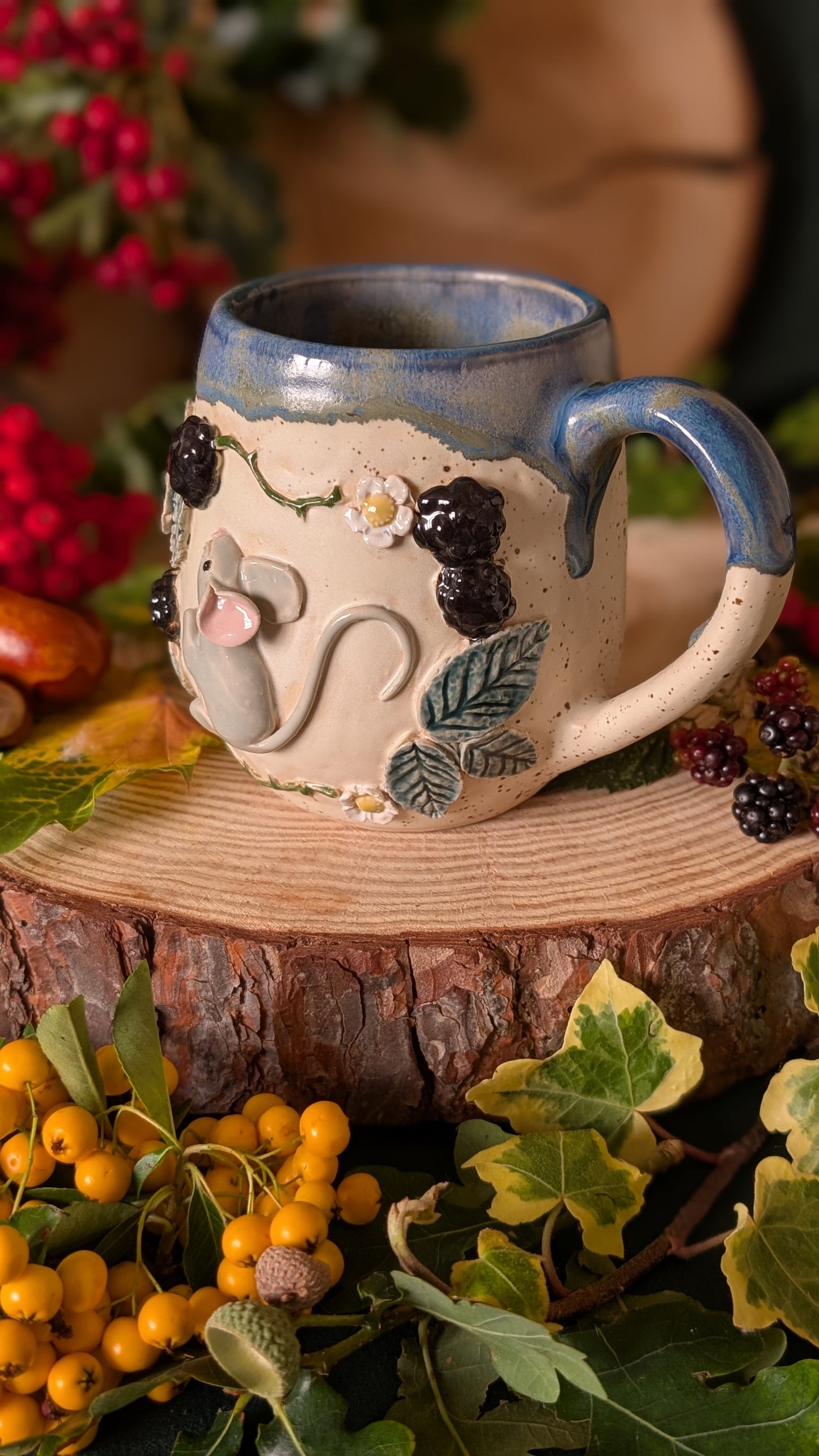 Mouse and Blackberry Mug – Handmade Unique Mug with Dark Blue Drippy Glaze 4