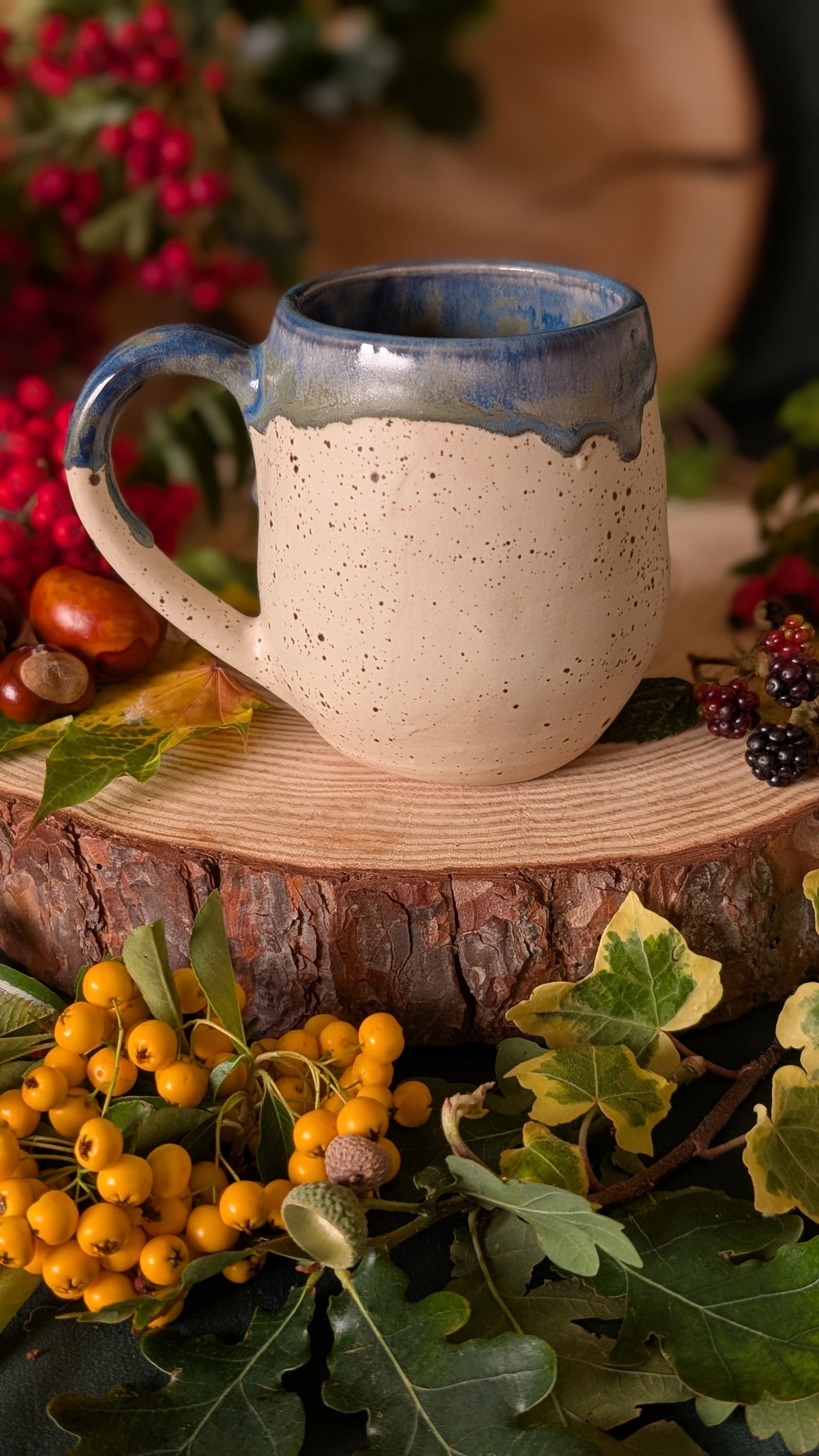 Mouse and Blackberry Mug – Handmade Unique Mug with Dark Blue Drippy Glaze 4
