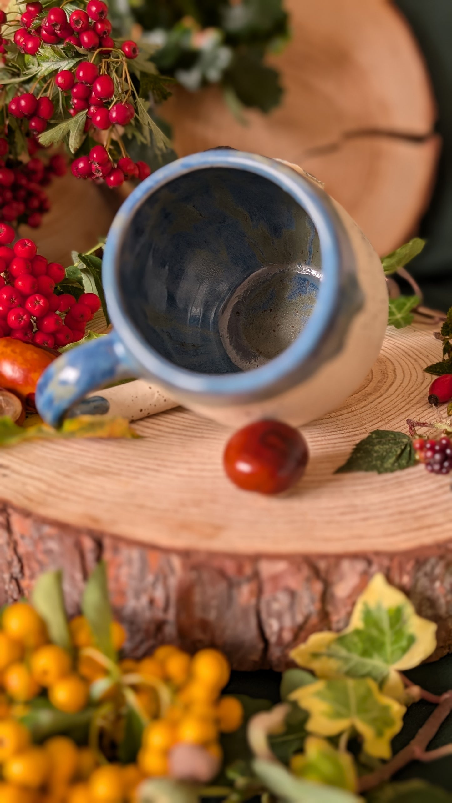 Mouse and Blackberry Mug – Handmade Unique Mug with Dark Blue Drippy Glaze 4