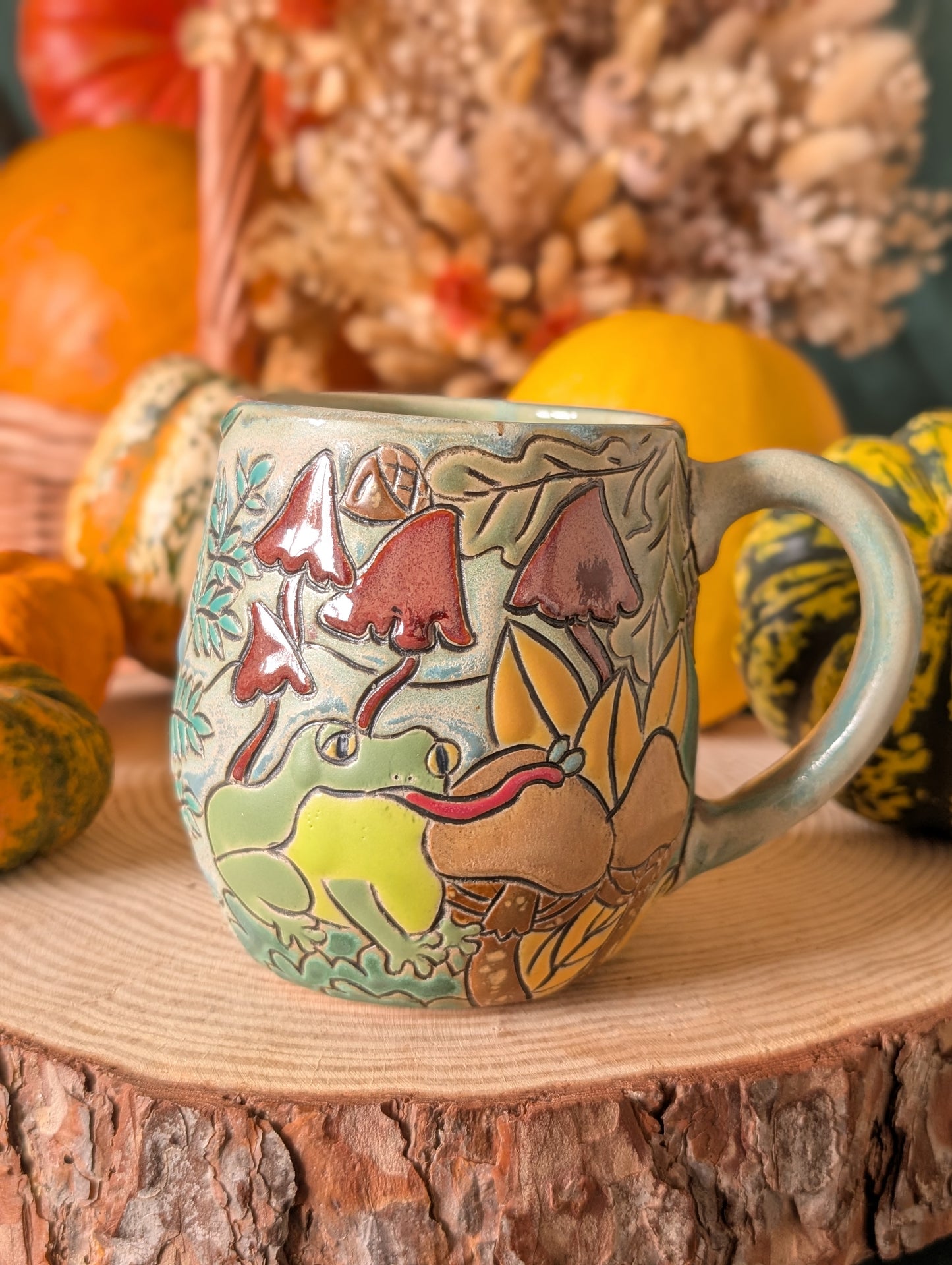 Ceramic mug with autumn-themed design frog mug, mushroom mug.
