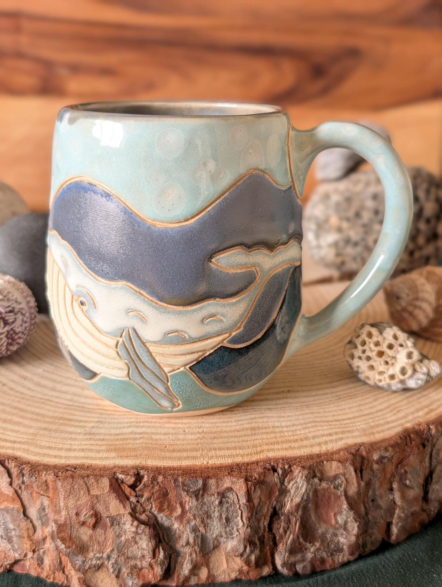 Handmade Whale Pottery Mug – Unique Ocean Inspired Hand Carved Ceramic Cup (500ml) NO3