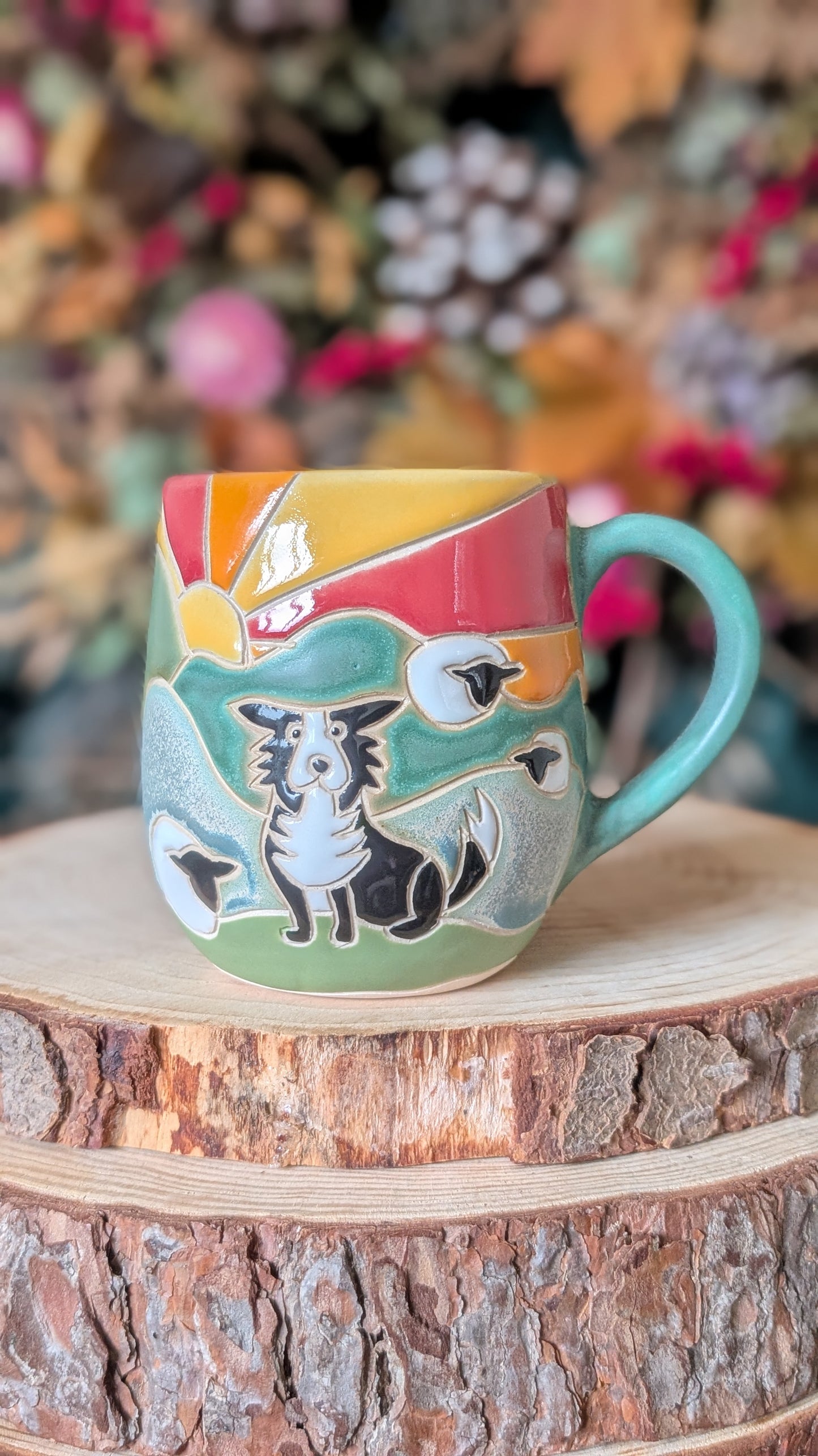 Handmade Border Collie countryside mug with carved and hand-painted ceramic design, artisan pottery made in Yorkshire