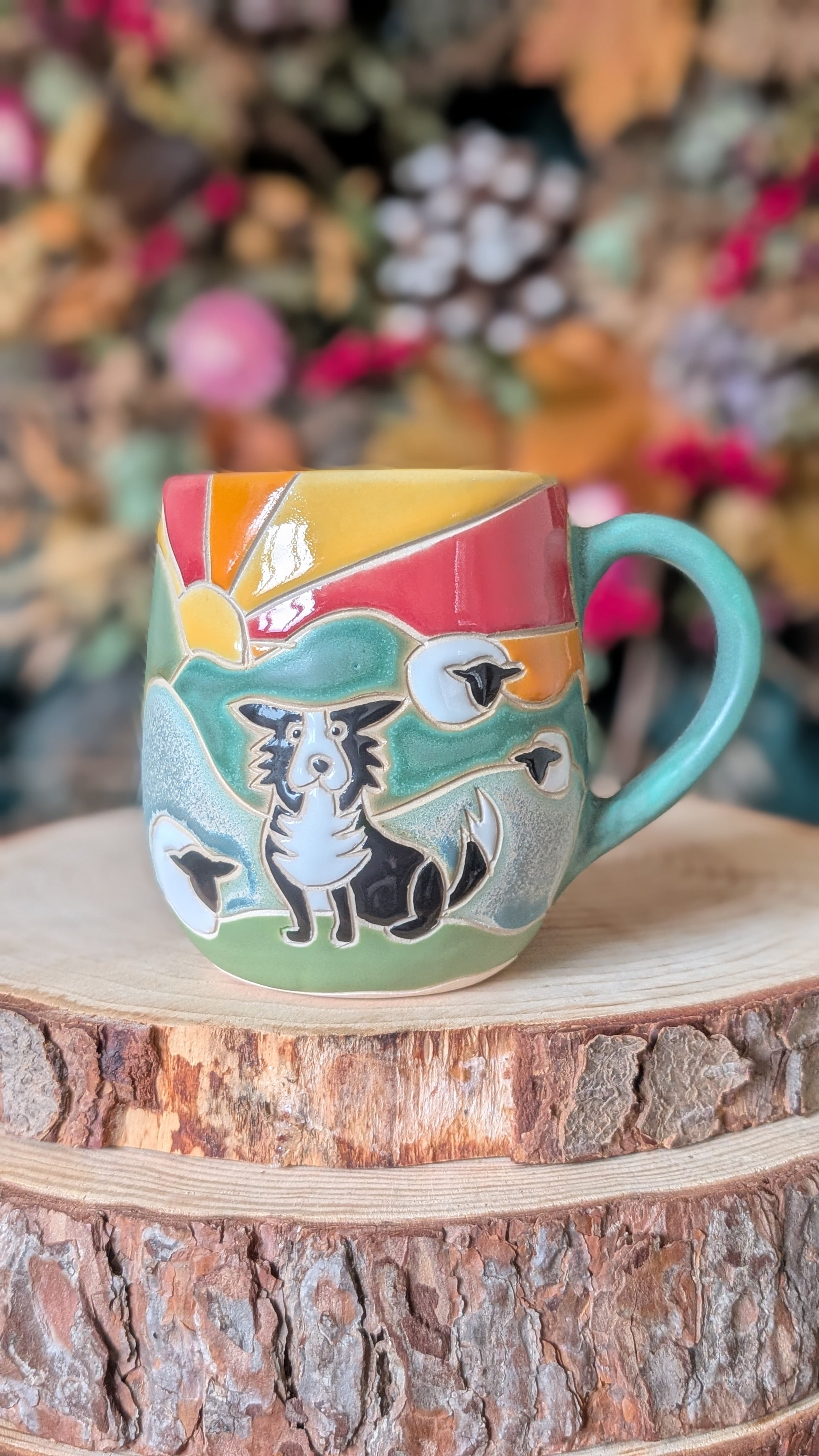 Handmade Border Collie countryside mug with carved and hand-painted ceramic design, artisan pottery made in Yorkshire