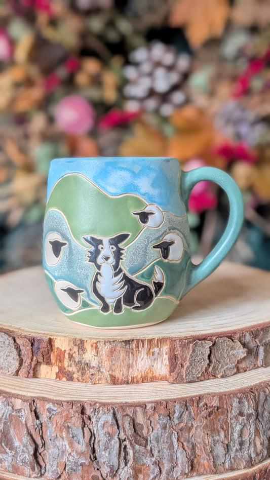 Unique handmade Border Collie mug, perfect gift for dog lovers and countryside enthusiasts