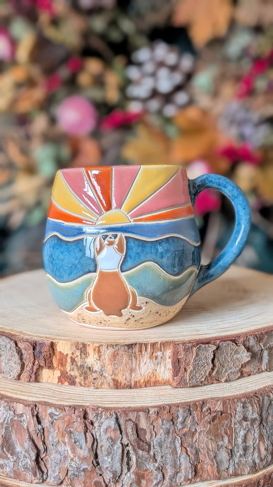 Handcrafted corgi ceramic mug, seaside design, 500ml artisan pottery made in the UK