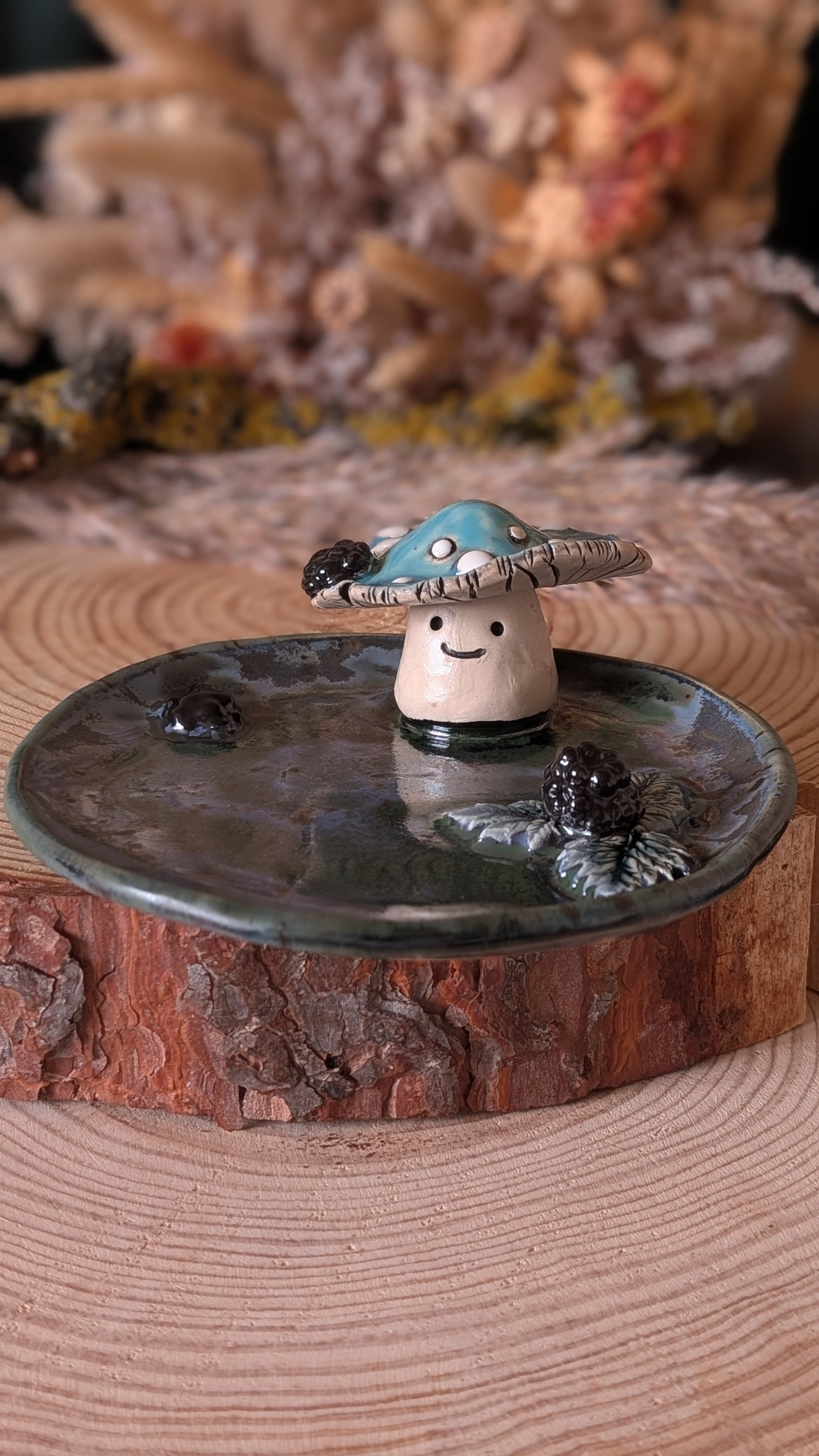 Cute Blue Mushroom with a blackberry. Ceramic jewellery dish.