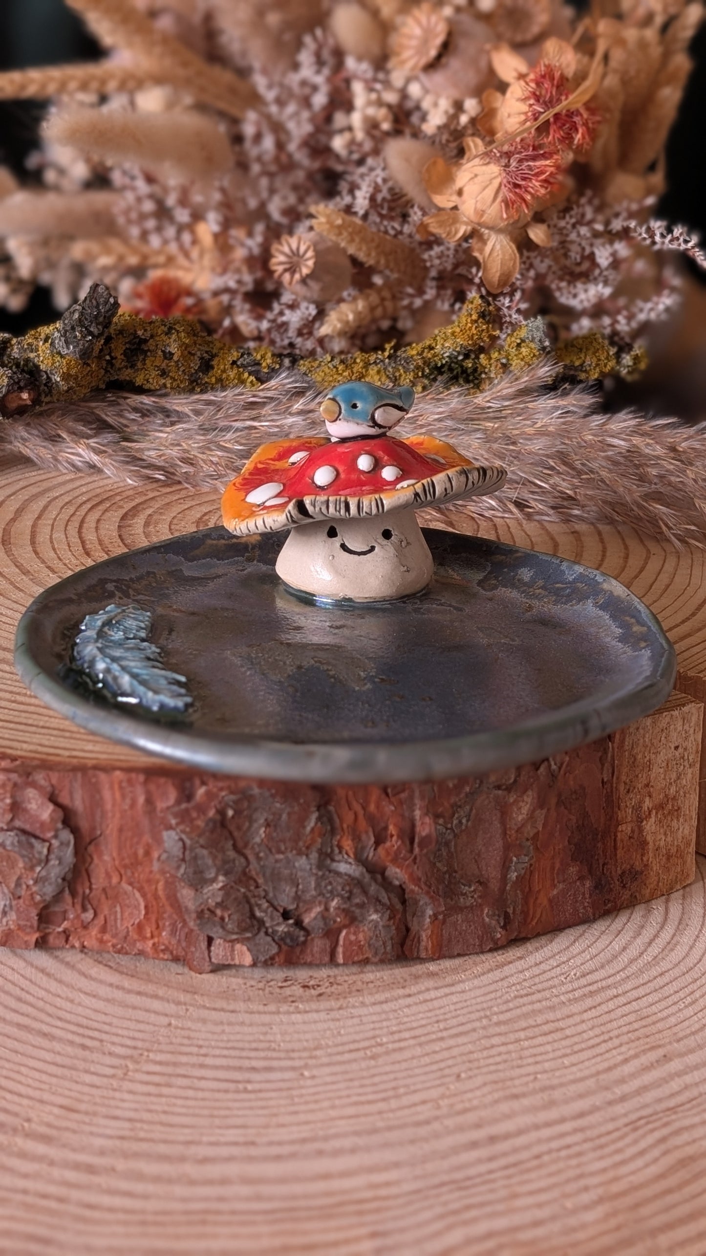 Amanita Mushroom with a blue bird sitting on top of it. Cute ceramic gift.