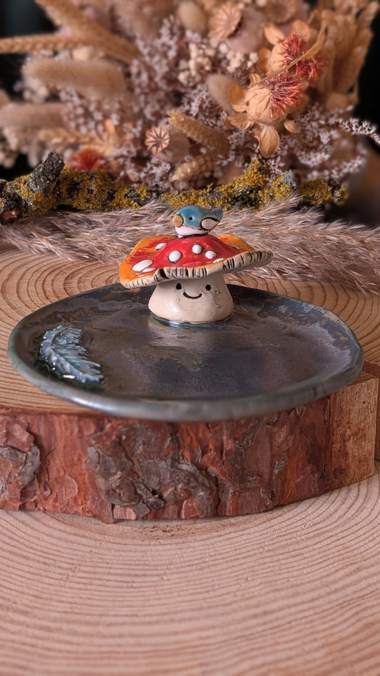 Amanita Mushroom with a blue bird sitting on top of it. Cute ceramic gift.